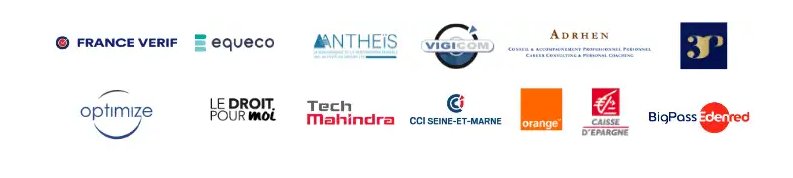 Logos clients : France Verif, Equeco, Antheïs, Vigicom, Adrhen, Optimize, Le Droit Pour Moi, Tech Mahindra, CCI Seine-et-Marne, Orange, Caisse d'Épargne, BigPass, Edenred