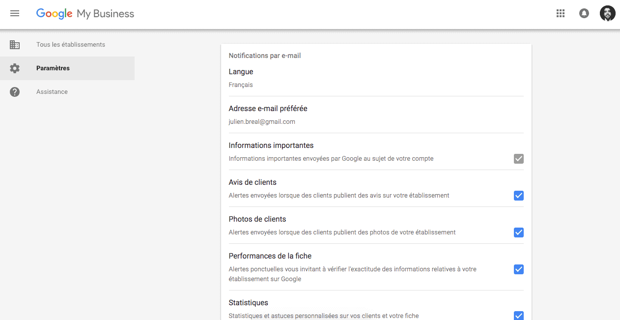 Parametres - Google My Business