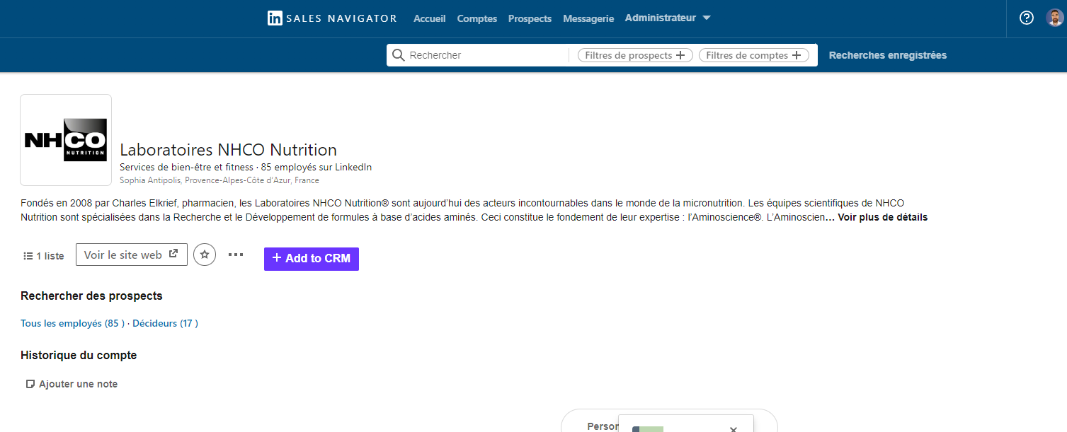 Exemple d'une page entreprise - Sales Navigator sur Linkedin